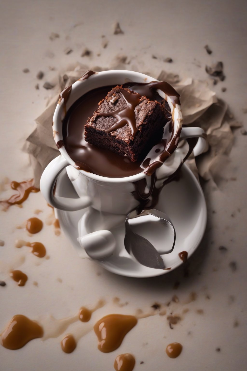 A high-resolution photo of a salted caramel brownie in a mug dripping with sauce and flaky sea salt, under soft lighting.