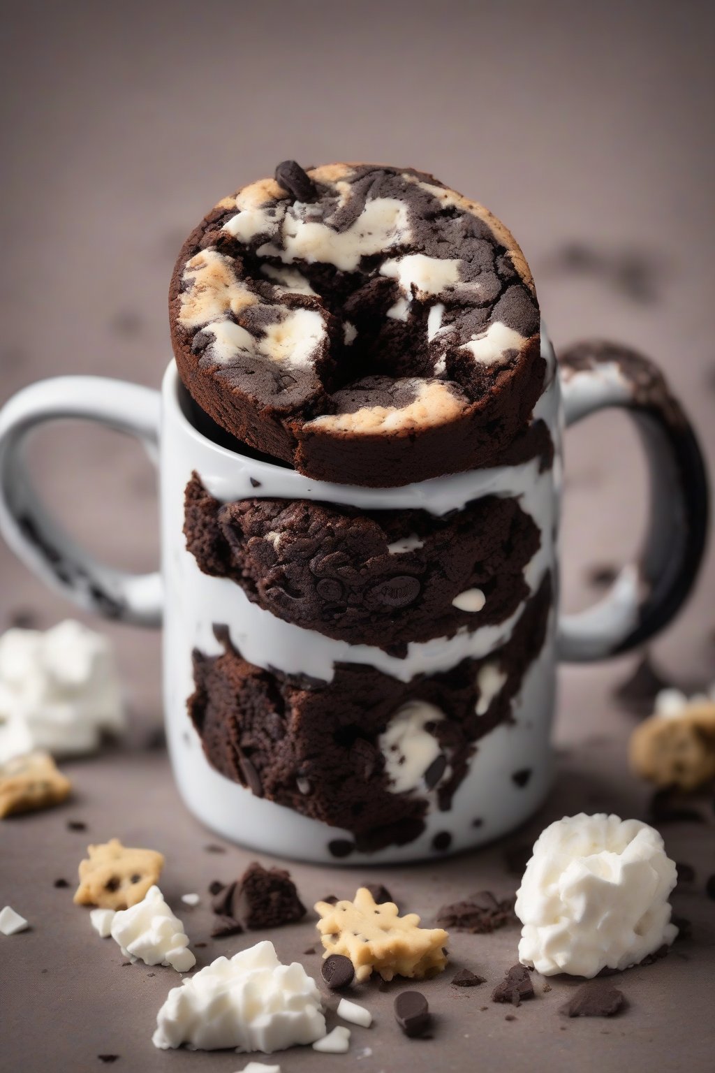 A high-resolution photo of an Oreo-loaded brownie in a mug with cookie pieces protruding from the top, under soft lighting.
