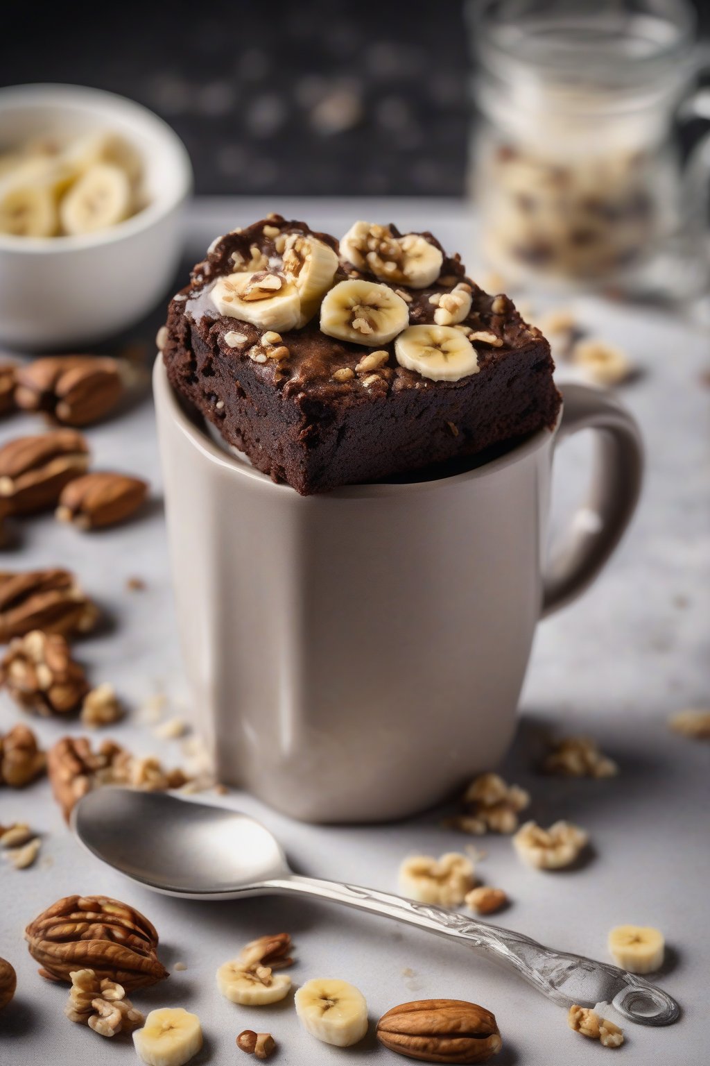 A high-resolution photo of a banana walnut brownie in a mug, nuts scattered on a moist surface, under soft lighting.