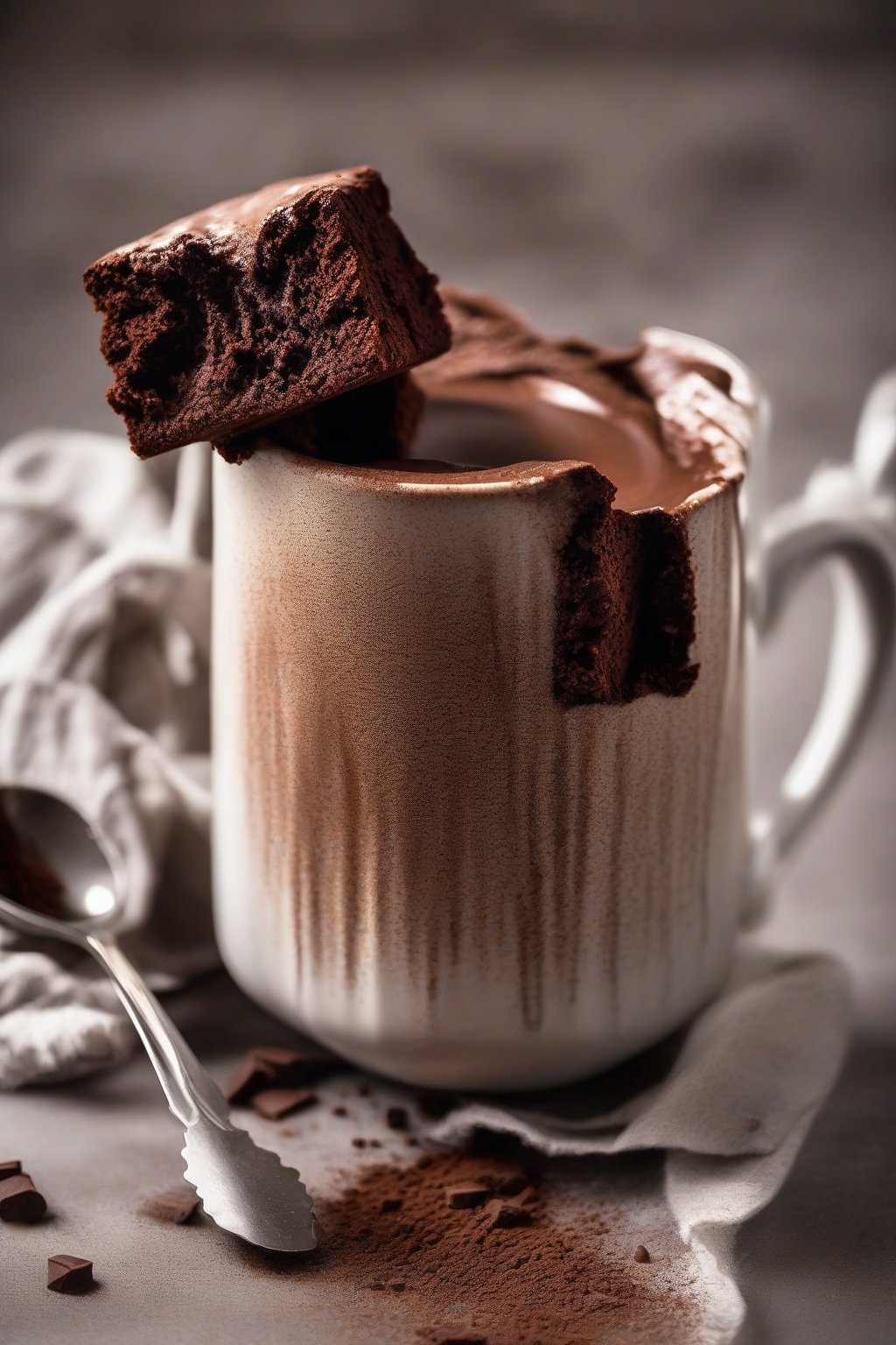 A high-resolution photo of a mocha brownie in a mug dusted with cocoa powder, rich and glossy, under soft lighting.