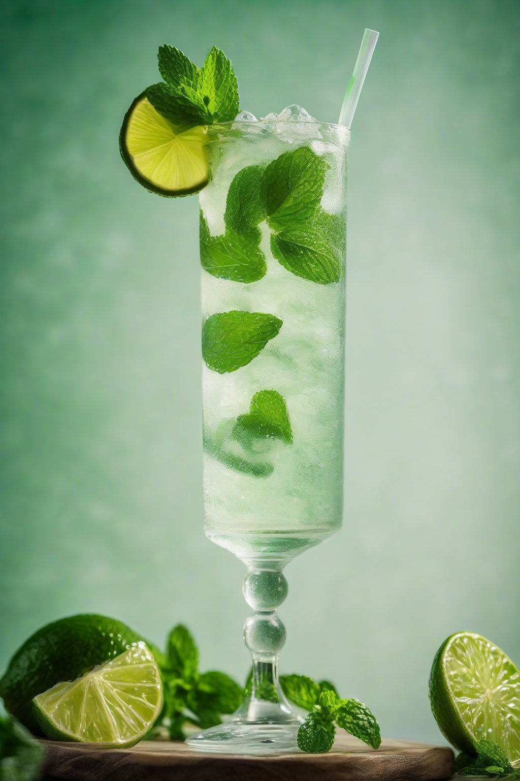 A high-resolution photo of a classic mint mojito in a tall glass garnished with mint sprig and lime wheel, condensation beading on the glass under soft lighting.