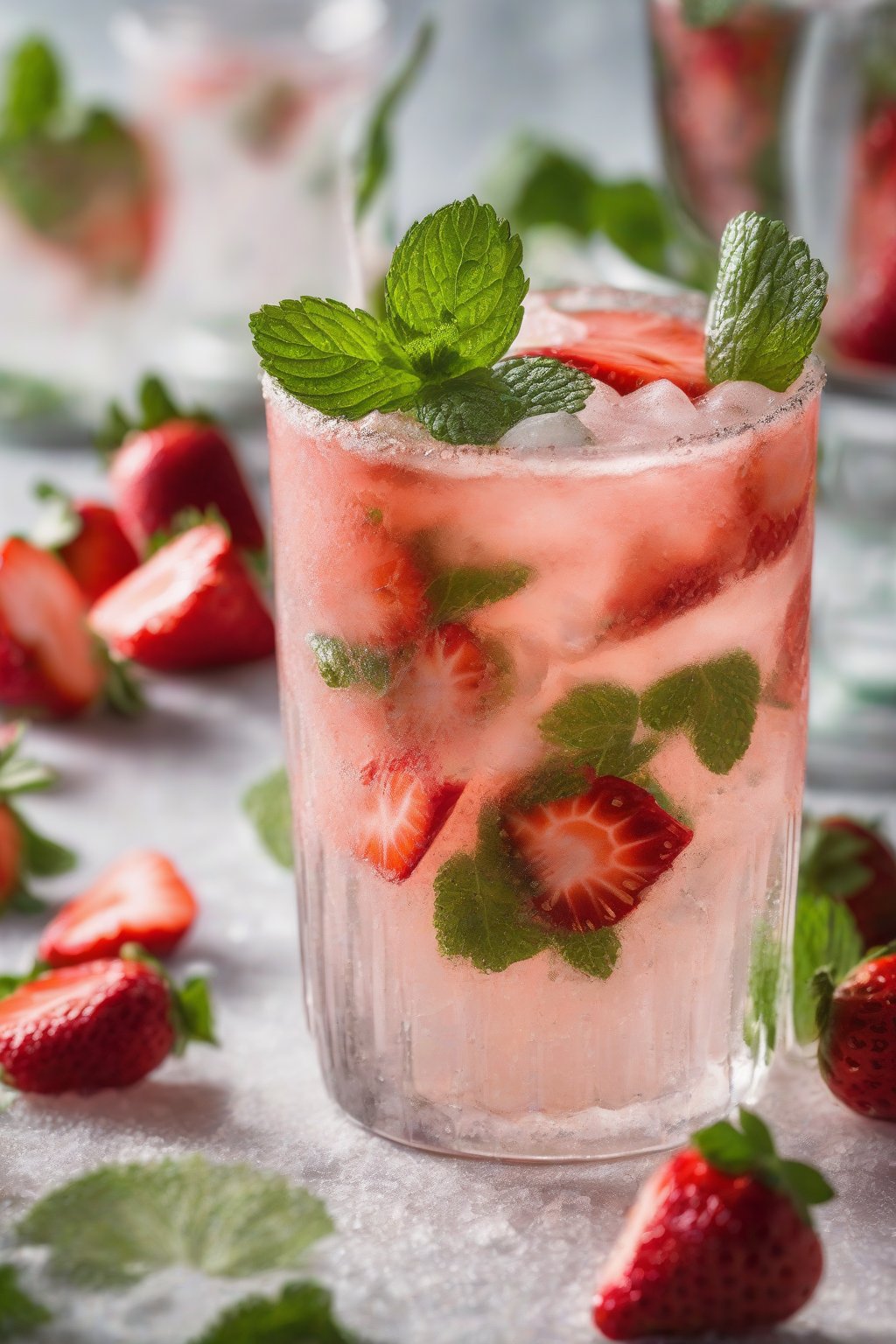 A high-resolution photo of a strawberry mint mojito topped with sliced strawberries and mint, fizzing in a frosty glass under soft lighting.