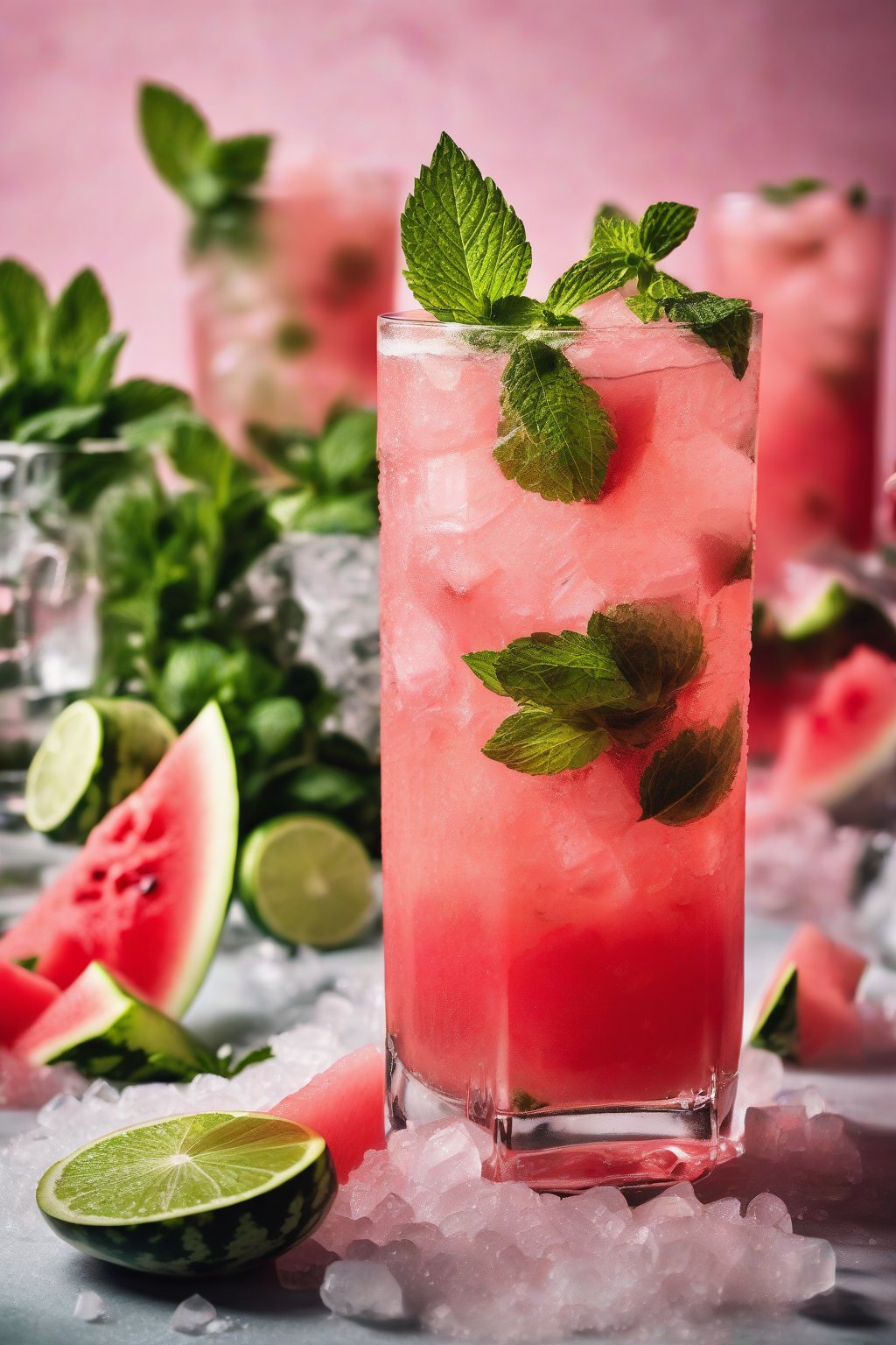A high-resolution photo of a watermelon mint mojito with pink hues and watermelon wedge garnish, served over crushed ice under soft lighting.