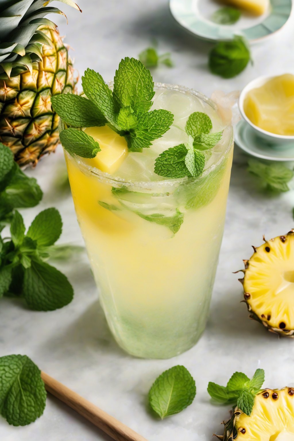 A high-resolution photo of a pineapple mint mojito garnished with pineapple slice and mint, golden and bubbly under soft lighting.