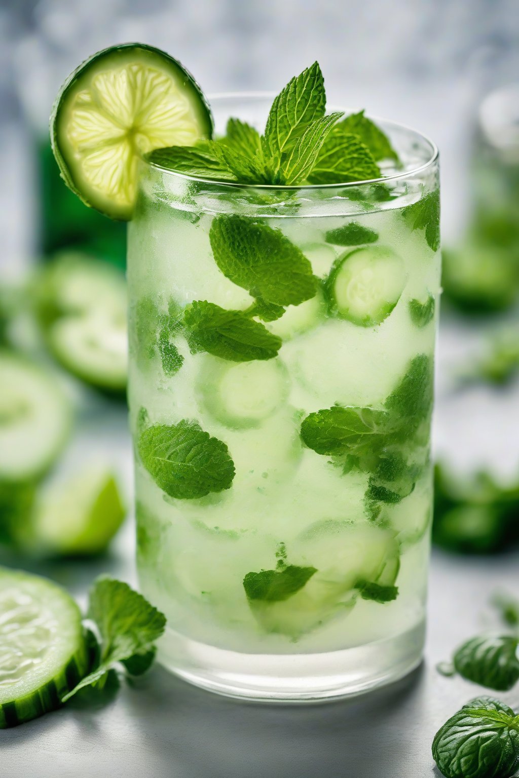 A high-resolution photo of a cucumber mint mojito with thin cucumber slices floating, clear and crisp under soft lighting.