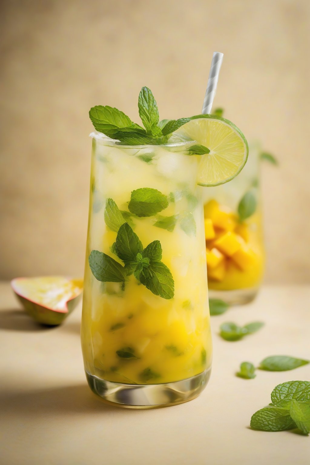 A high-resolution photo of a mango mint mojito swirled with yellow mango puree and mint leaves, vibrant under soft lighting.