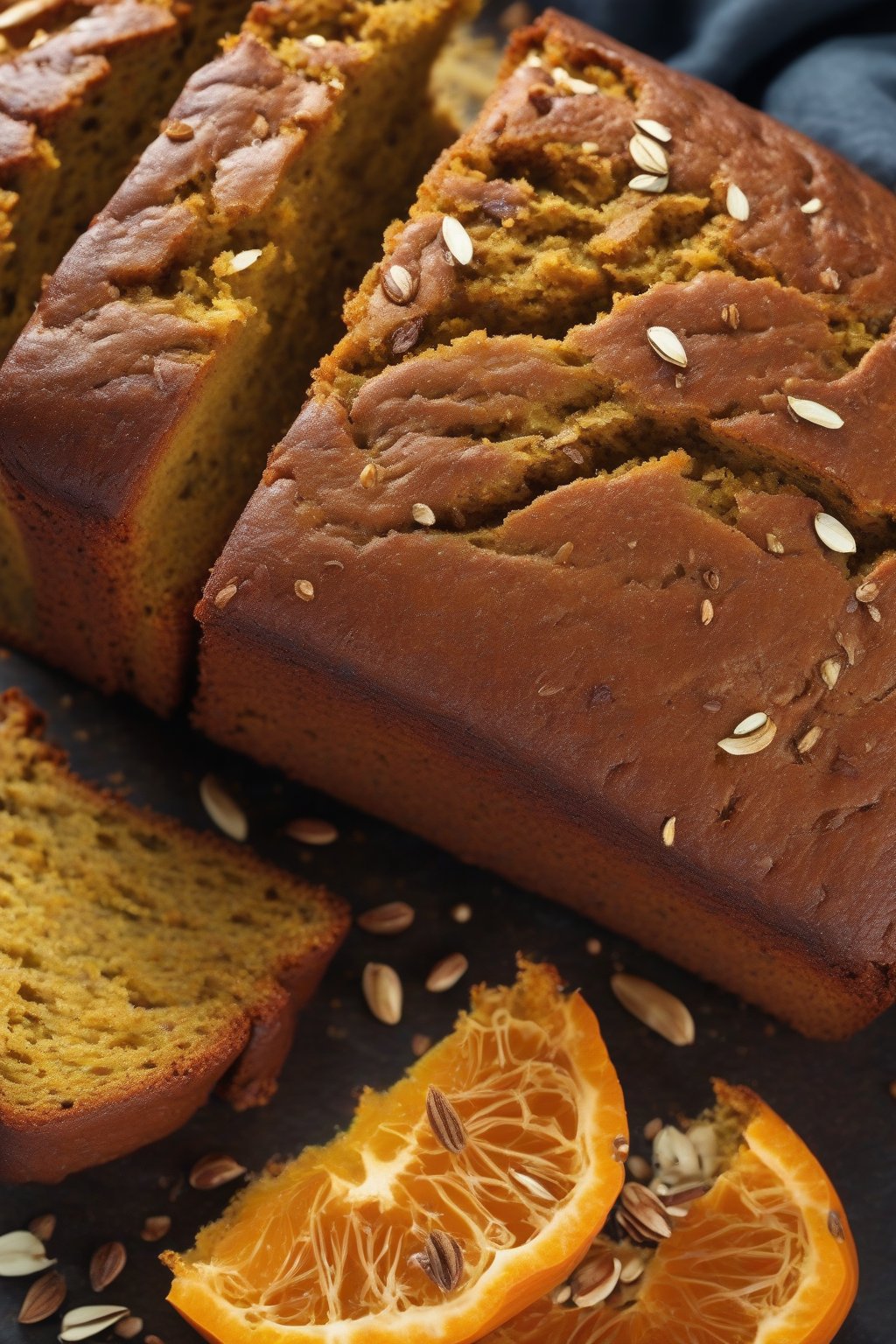 A high-resolution close-up photo of cardamom orange pumpkin bread slice with vibrant zest flecks and tender texture, under soft lighting.
