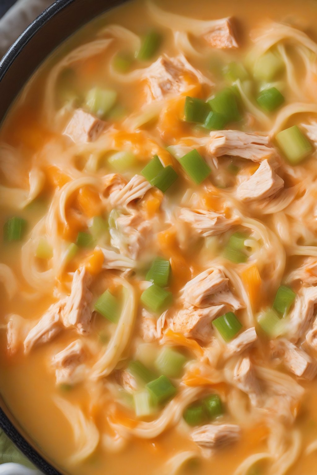 A high-resolution close-up photo of cheesy buffalo chicken noodle soup oozing cheddar with celery bits under soft lighting.