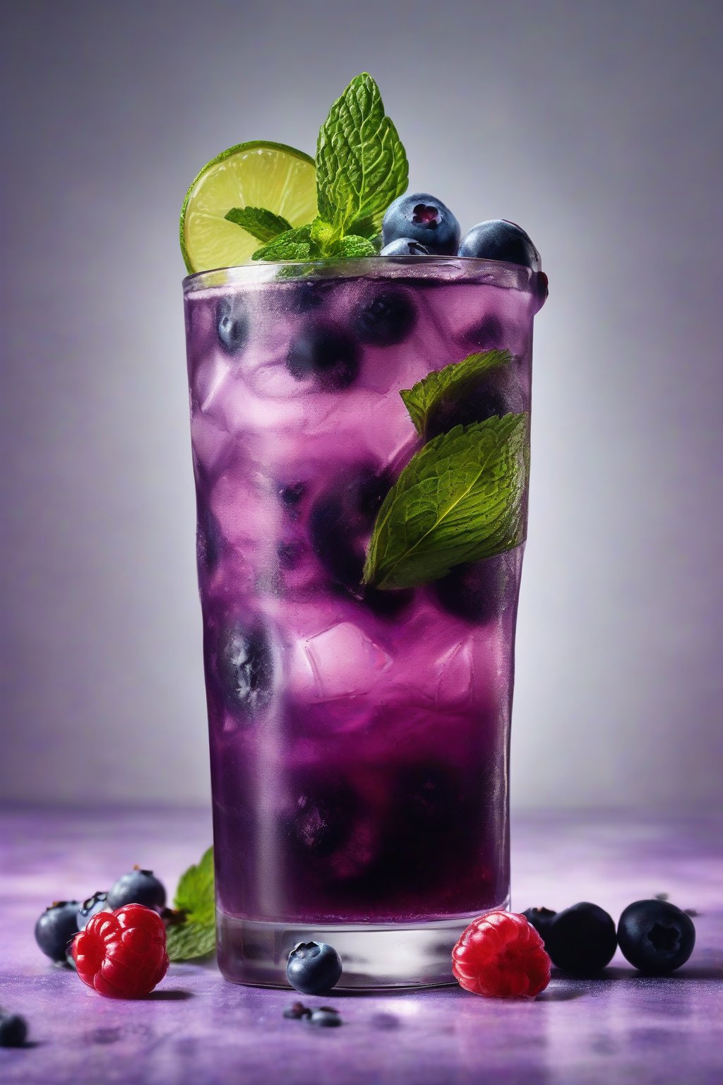 A high-resolution photo of a blueberry mint mojito stained deep purple with berries on top, effervescent under soft lighting.