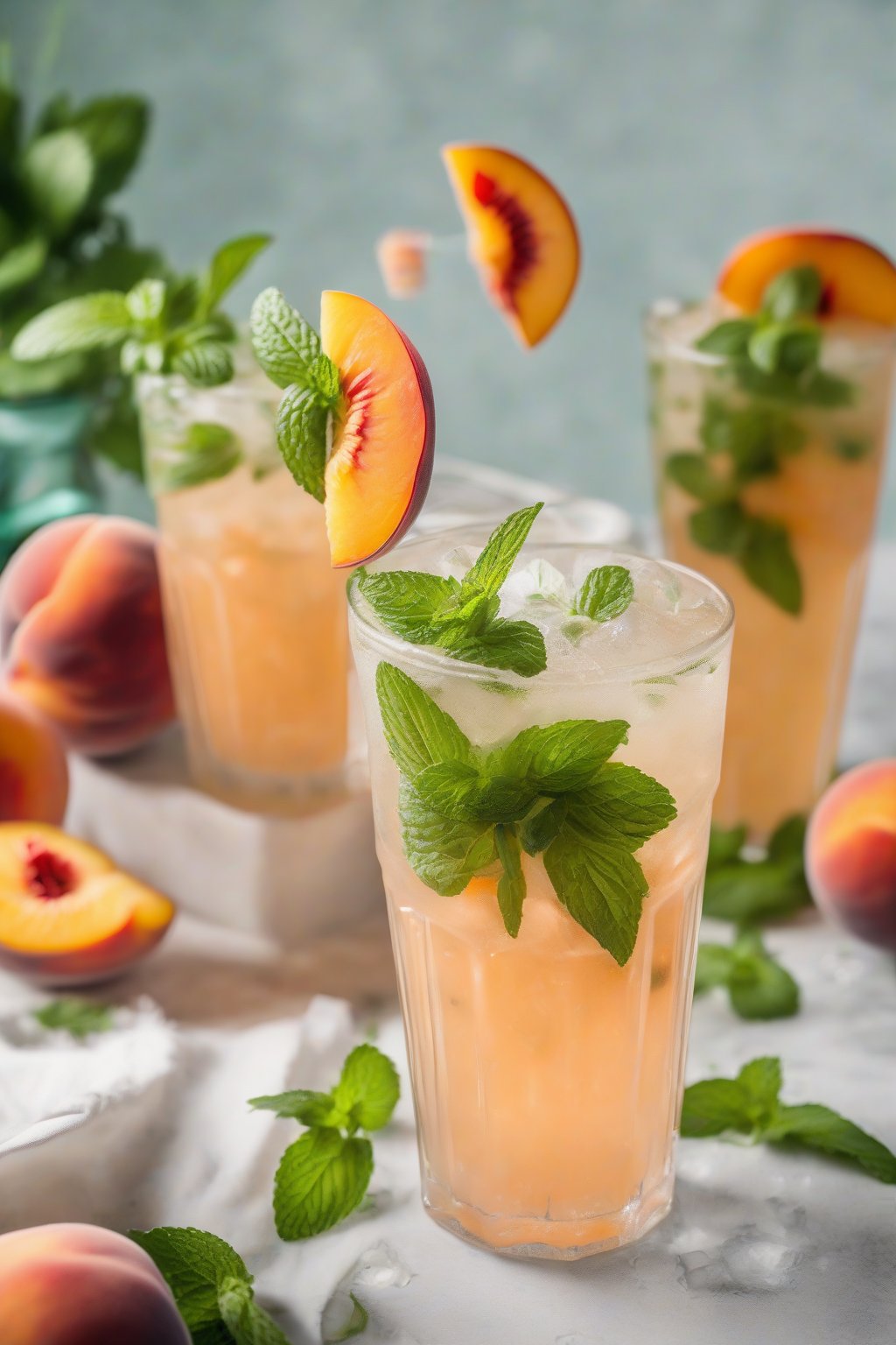 A high-resolution photo of a peach mint mojito with peach slices and mint garnish, peachy glow under soft lighting.
