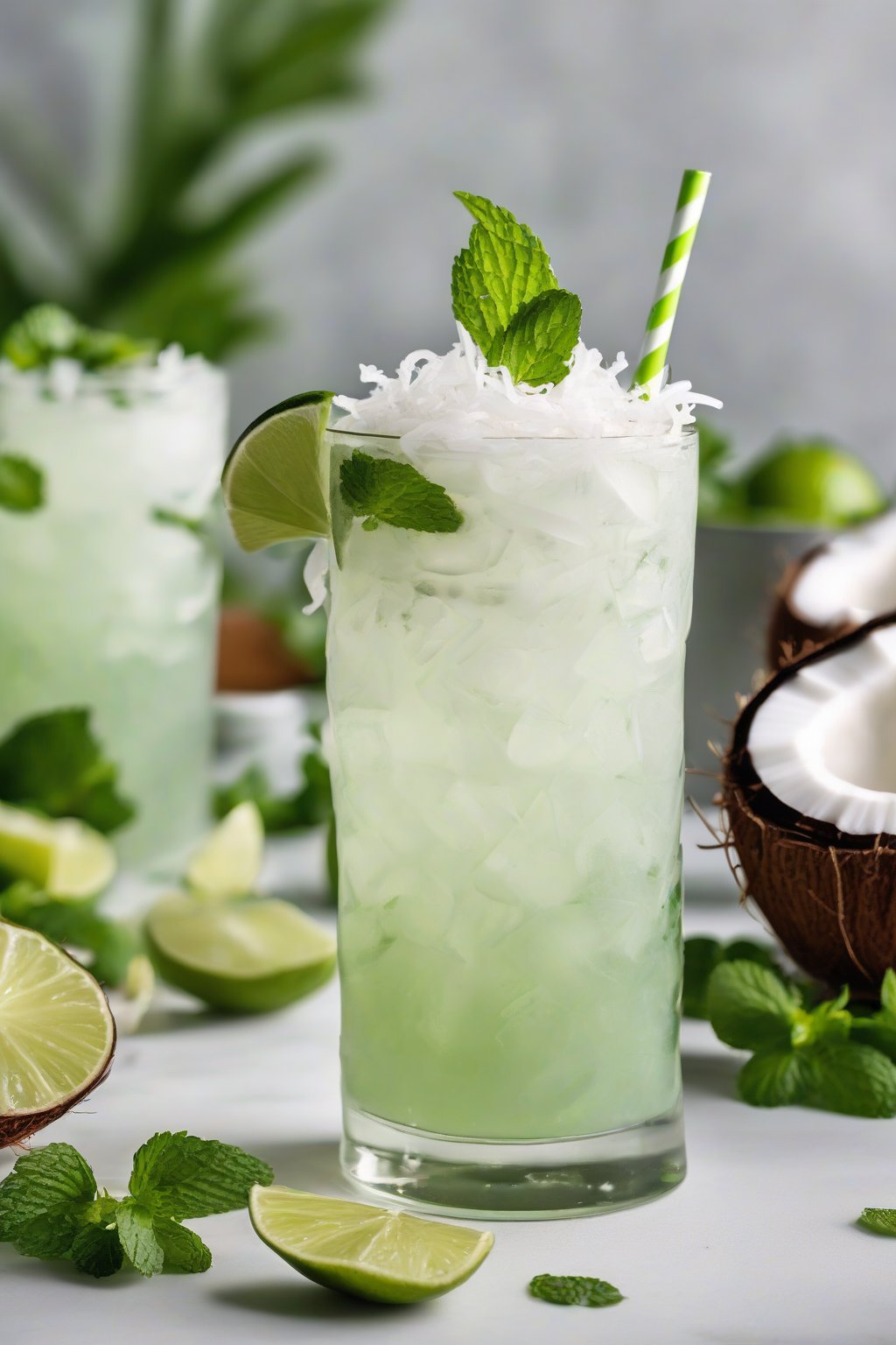 A high-resolution photo of a coconut mint mojito topped with shredded coconut and lime, creamy white layers under soft lighting.