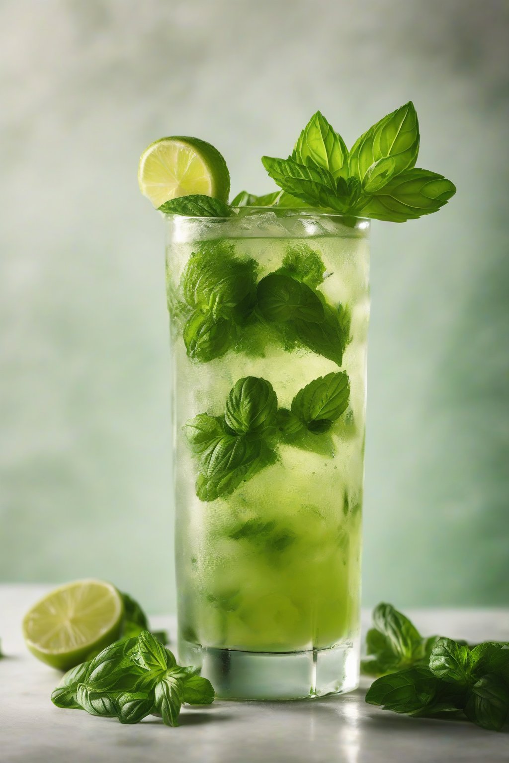 A high-resolution photo of a basil-mint mojito with green herbs muddled visibly, aromatic and fresh under soft lighting.