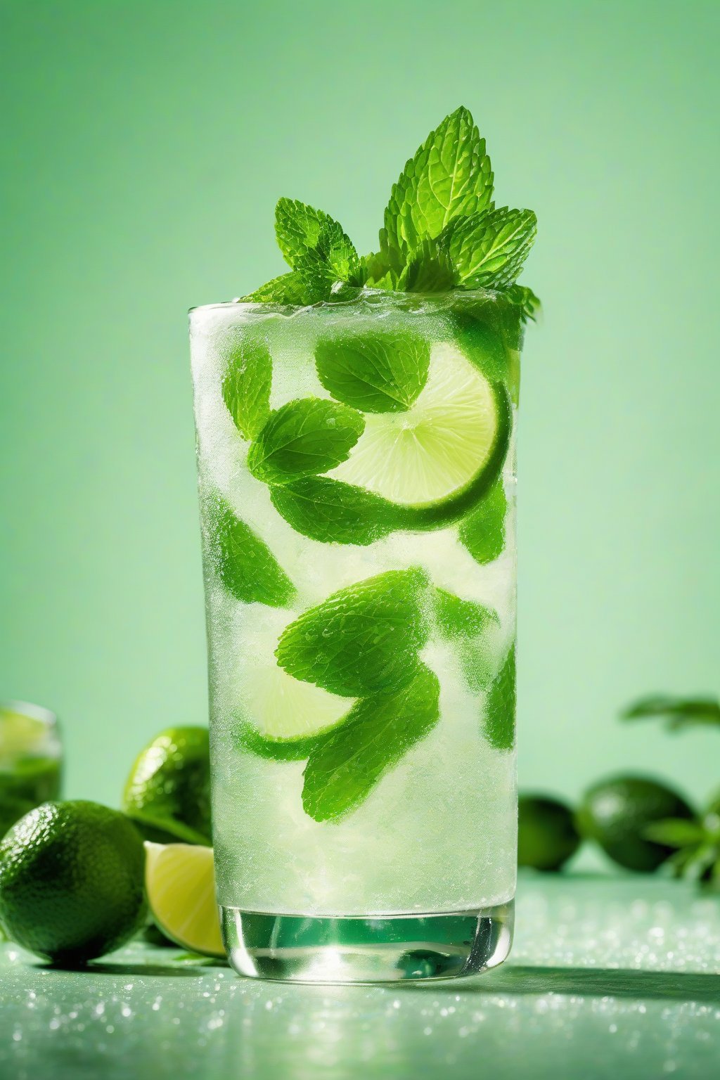 A high-resolution photo of a virgin mint mojito sparkling with lime wedges and extra mint, clear and invigorating under soft lighting.