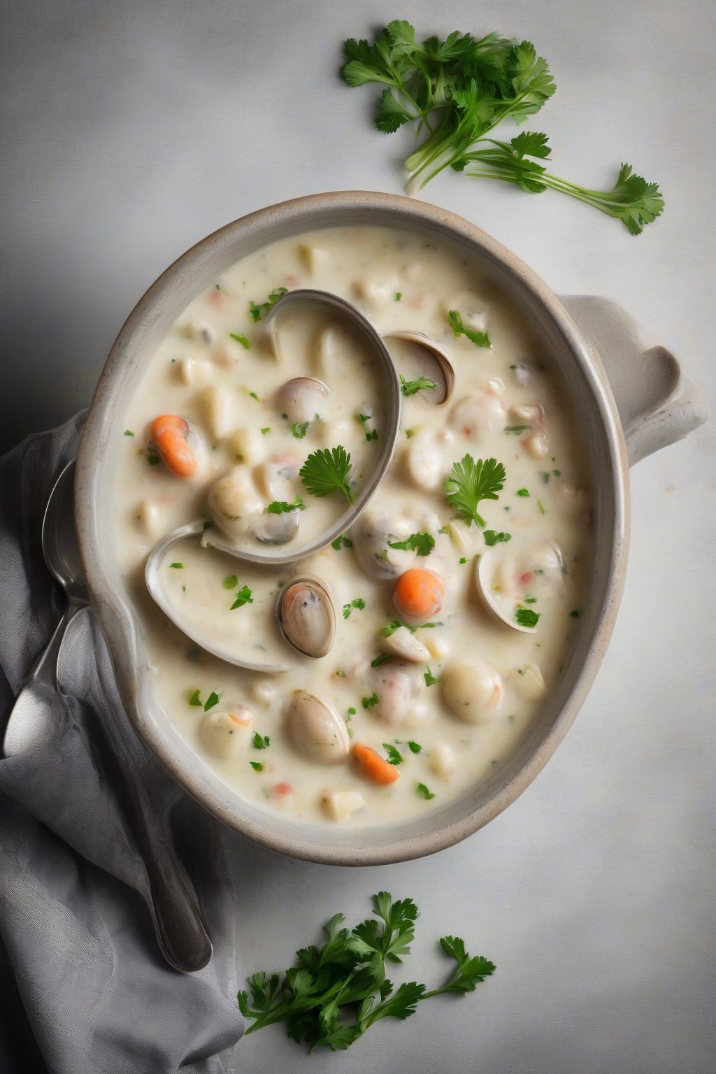 A high-resolution photo of a steaming bowl of classic New England clam chowder garnished with parsley, under soft lighting.
