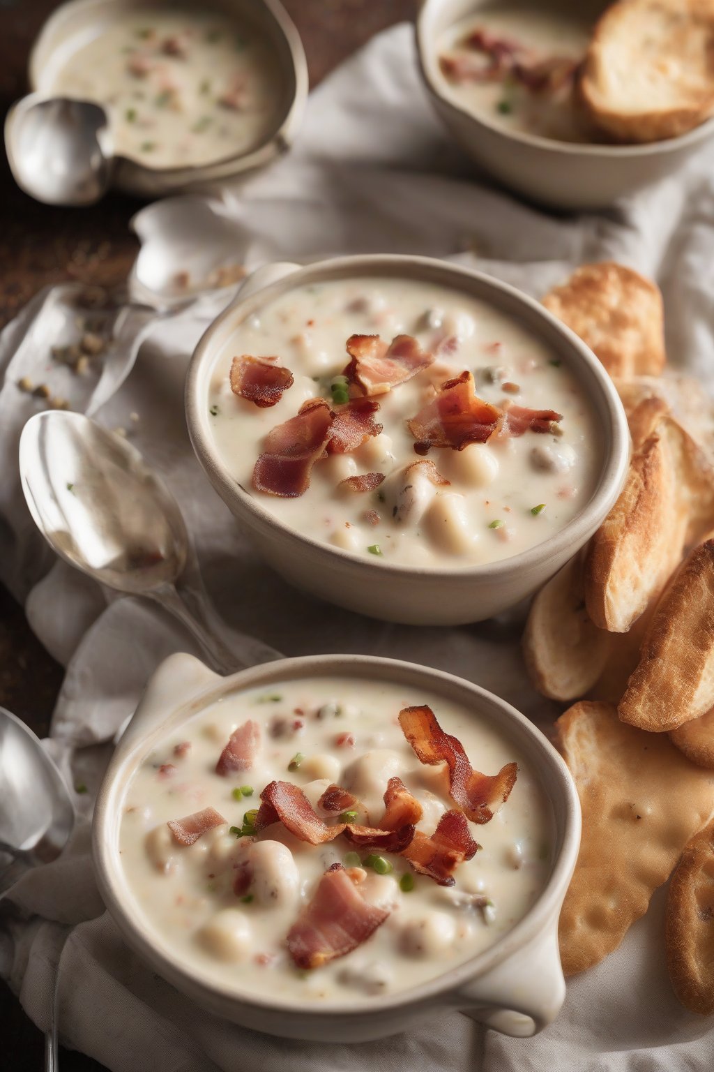 A high-resolution photo of smoky bacon-infused clam chowder topped with bacon bits, under soft lighting.