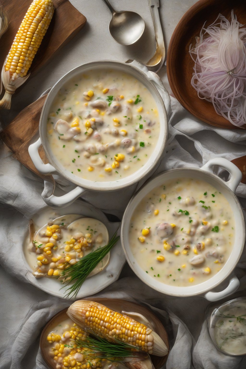 A high-resolution photo of corn-flecked clam chowder with fresh chives, under soft lighting.