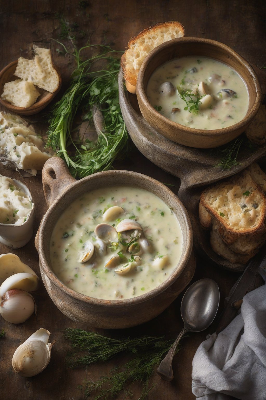 A high-resolution photo of herb-strewn leek clam chowder in a rustic bowl, under soft lighting.