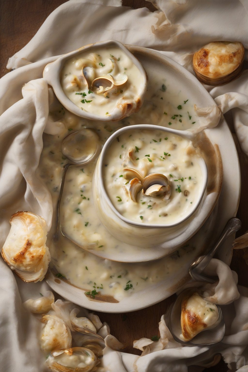 A high-resolution photo of golden roasted garlic clam chowder swirled with cream, under soft lighting.