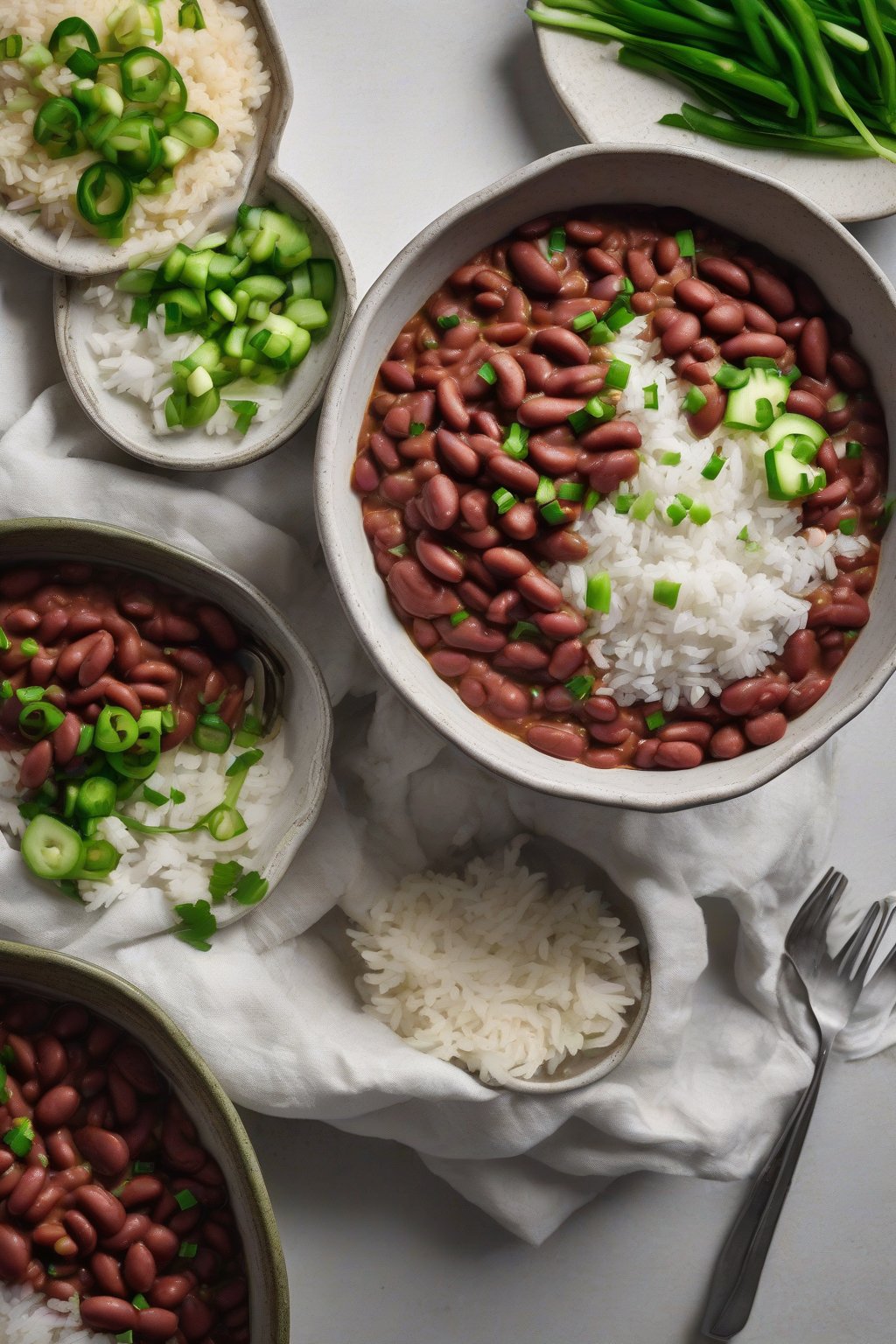 A high-resolution photo of a steaming bowl of classic Creole red beans and rice topped with green onions, served with fluffy white rice, under soft lighting.
