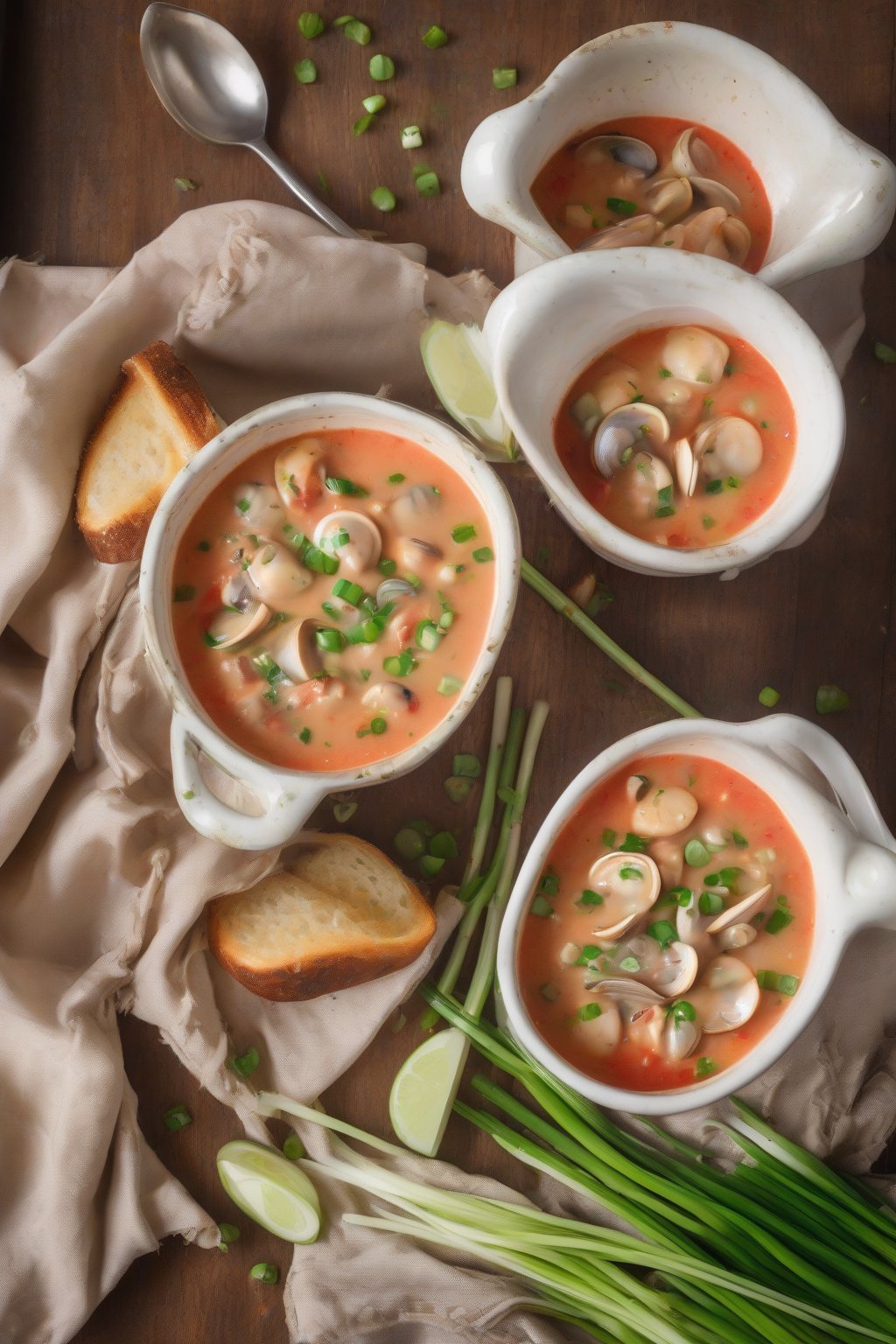 A high-resolution photo of spicy red-flecked sriracha clam chowder topped with green onions, under soft lighting.