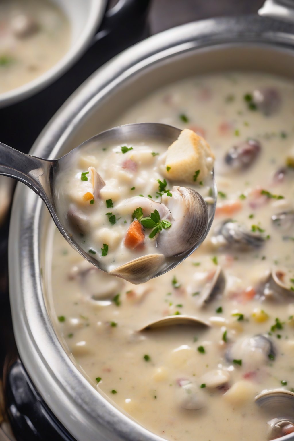 A high-resolution photo of slow-cooked clam chowder in a crockpot ladle, under soft lighting.