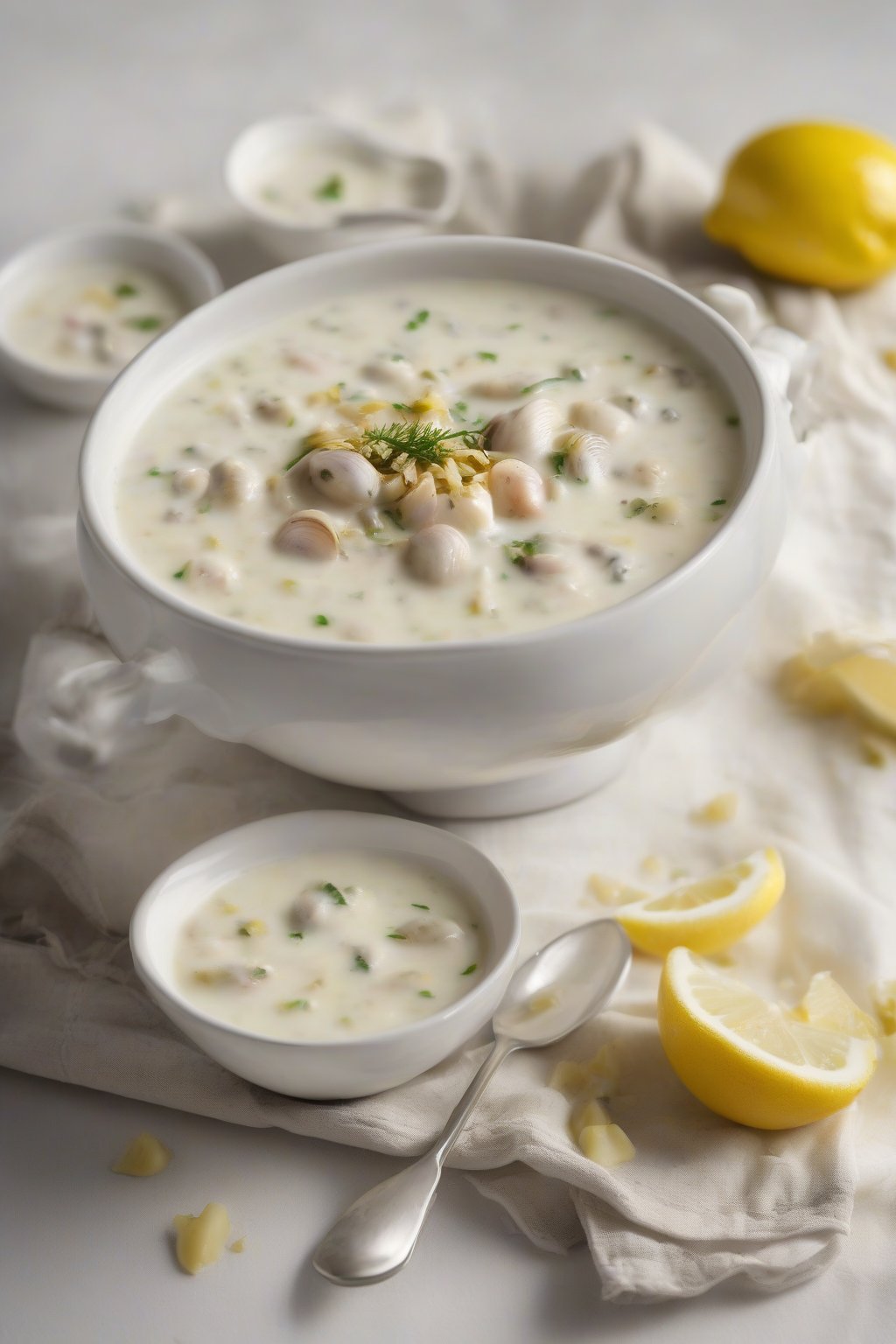A high-resolution photo of light, creamy yogurt-based clam chowder with lemon zest, under soft lighting.