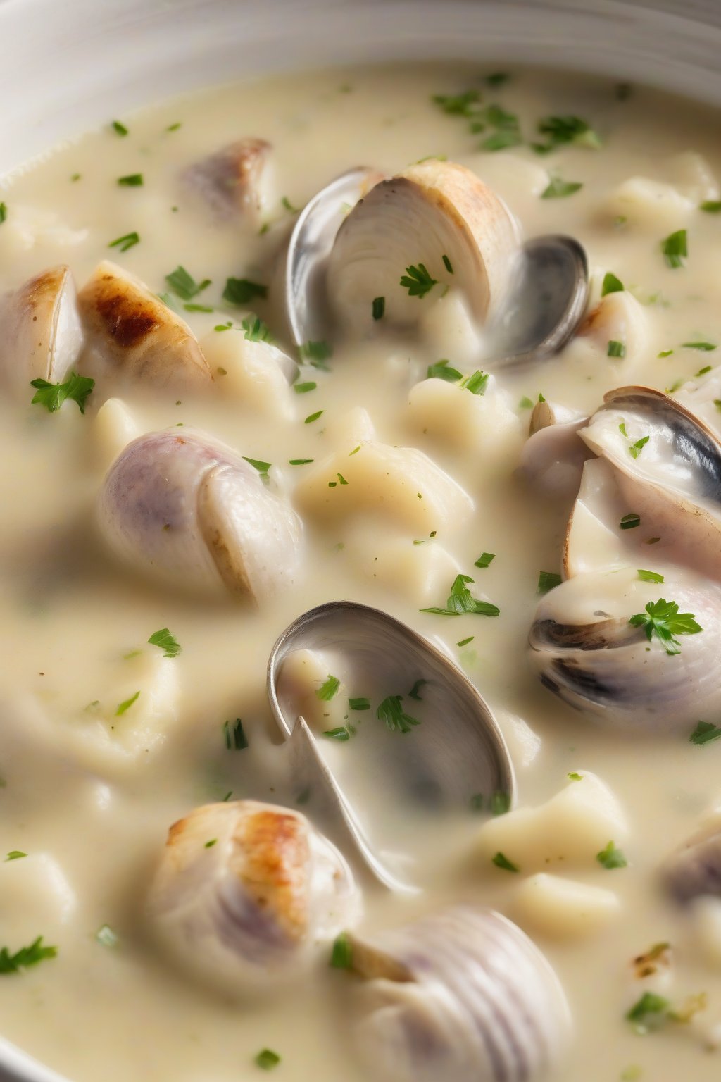 A high-resolution photo of chunky potato-packed clam chowder steaming hot, under soft lighting.