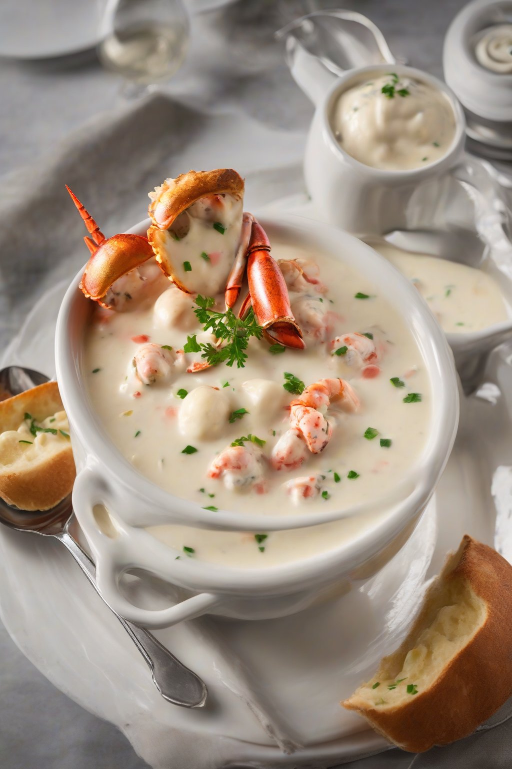 A high-resolution photo of lobster-studded luxurious clam chowder drizzled with cream, under soft lighting.