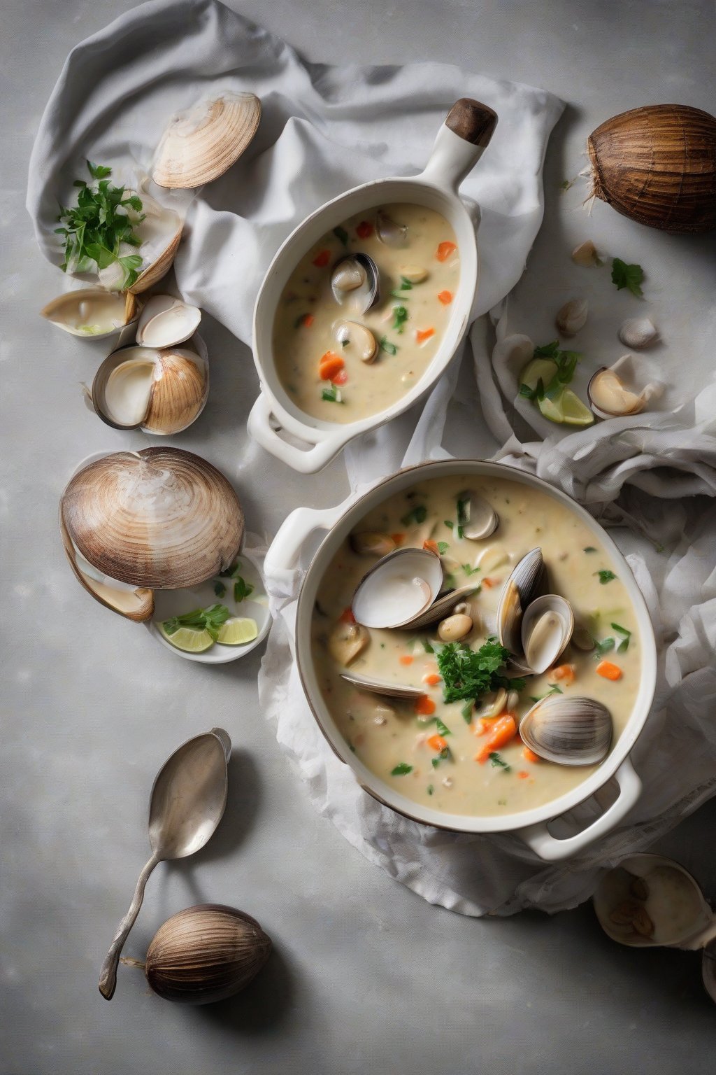 A high-resolution photo of creamy vegan coconut chowder mimicking clams, under soft lighting.