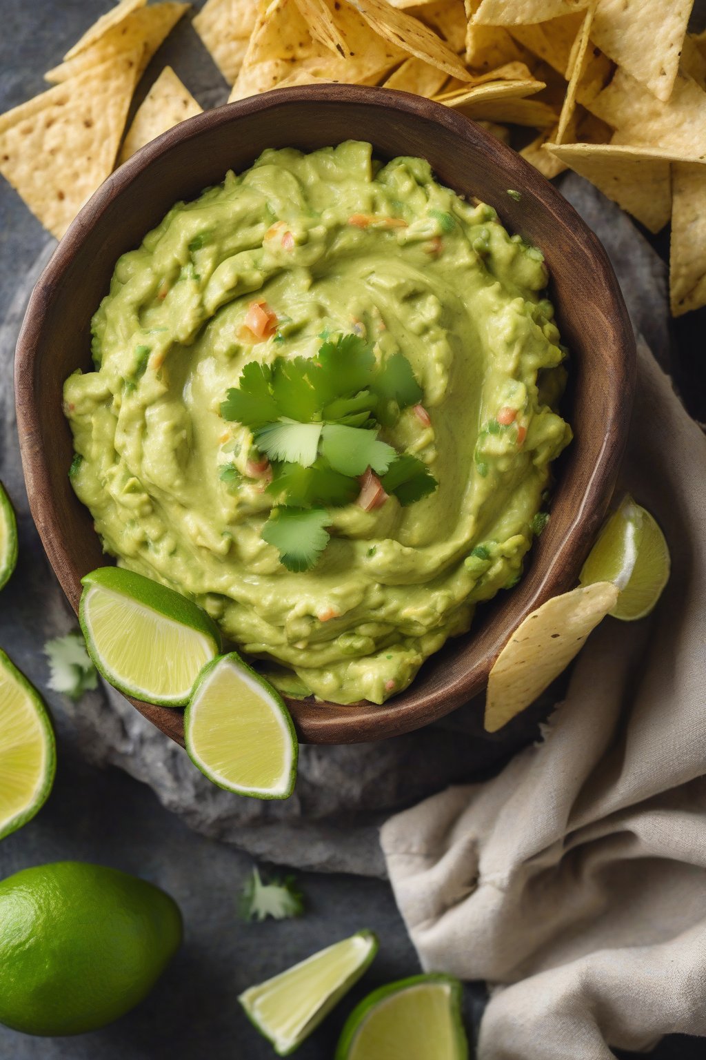 A high-resolution photo of classic creamy guacamole in a rustic bowl with tortilla chips on the side, garnished with lime wedges, under soft lighting.