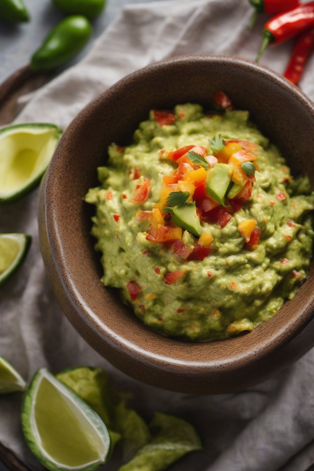 A high-resolution photo of spicy habanero guacamole topped with pepper slices in a stoneware dish, under soft lighting.