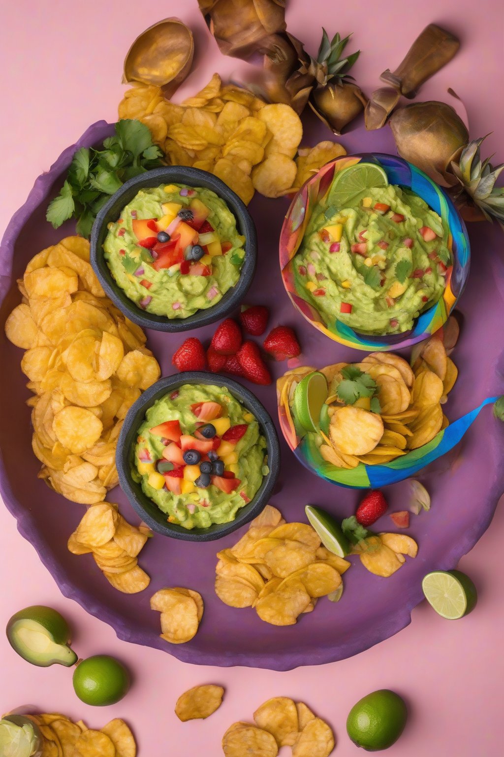 A high-resolution photo of pineapple guacamole with chunks of fruit visible, served in a colorful bowl with plantain chips, under soft lighting.