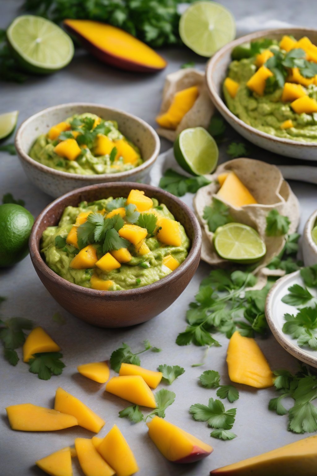 A high-resolution photo of mango guacamole garnished with mango slices and cilantro sprigs in a vibrant ceramic bowl, under soft lighting.