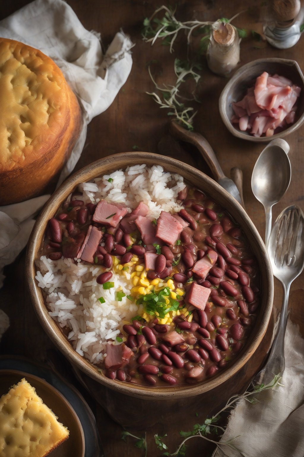 A high-resolution photo of smoky ham hock red beans and rice in a rustic bowl, with visible shreds of ham and a side of cornbread, under soft lighting.