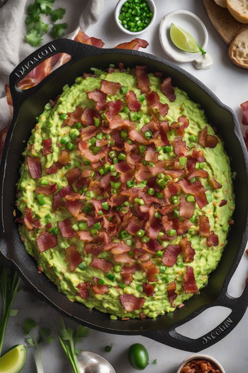 A high-resolution photo of bacon guacamole topped with crispy bacon bits and green onions in a cast-iron skillet, under soft lighting.