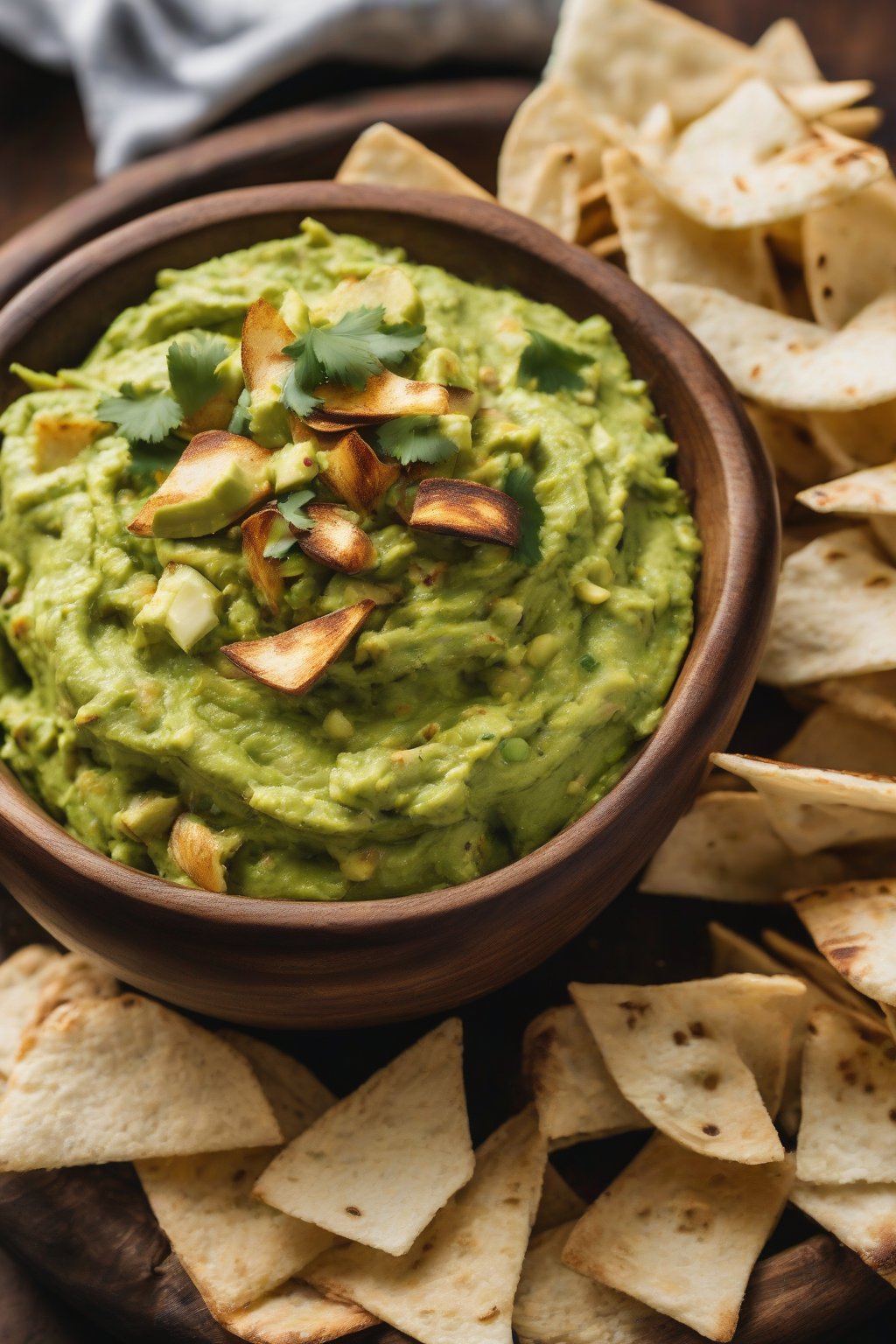 A high-resolution photo of roasted garlic guacamole with garlic cloves visible, in a wooden bowl with pita chips, under soft lighting.