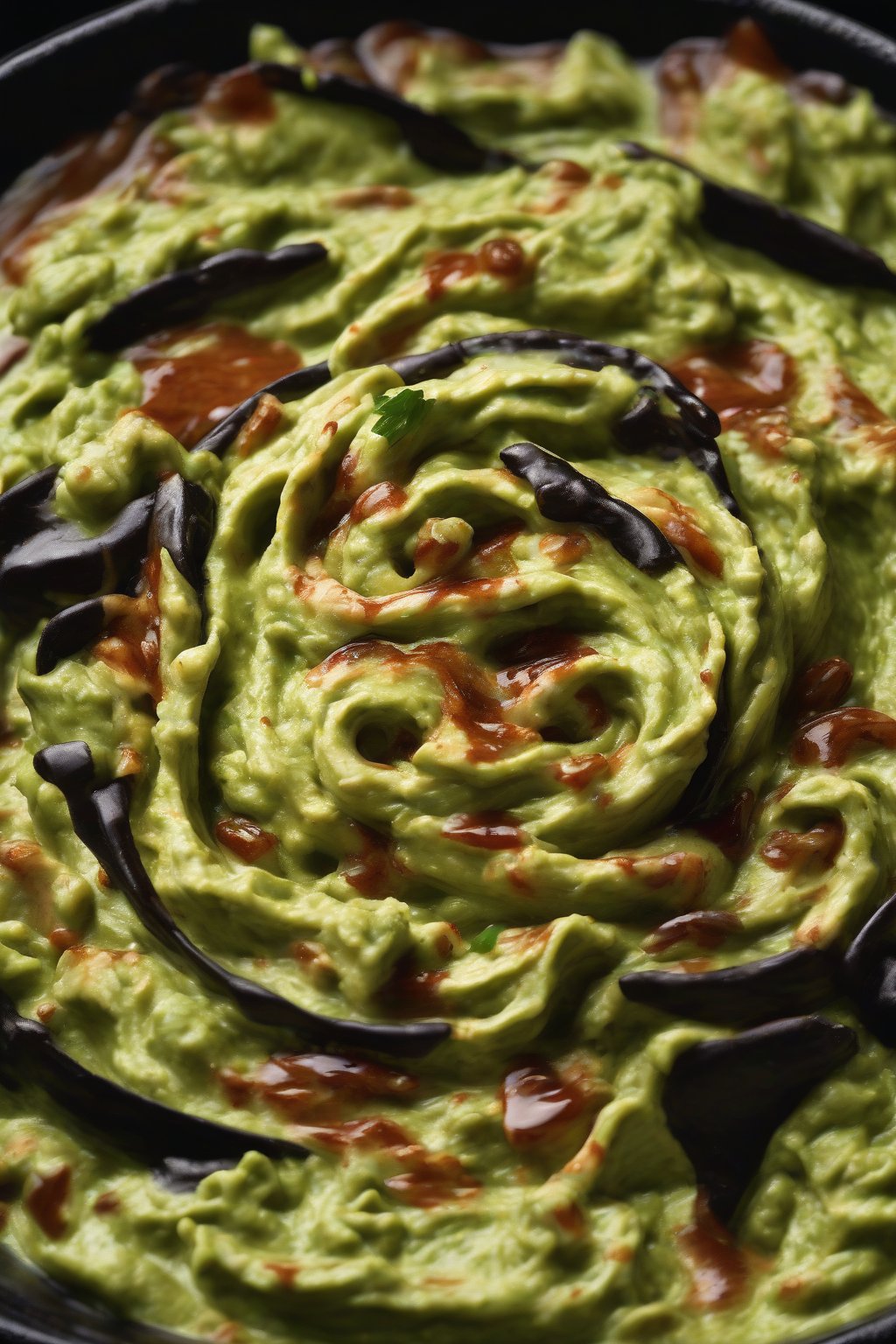 A high-resolution photo of chipotle guacamole swirled with adobo sauce in a dark bowl, under soft lighting.
