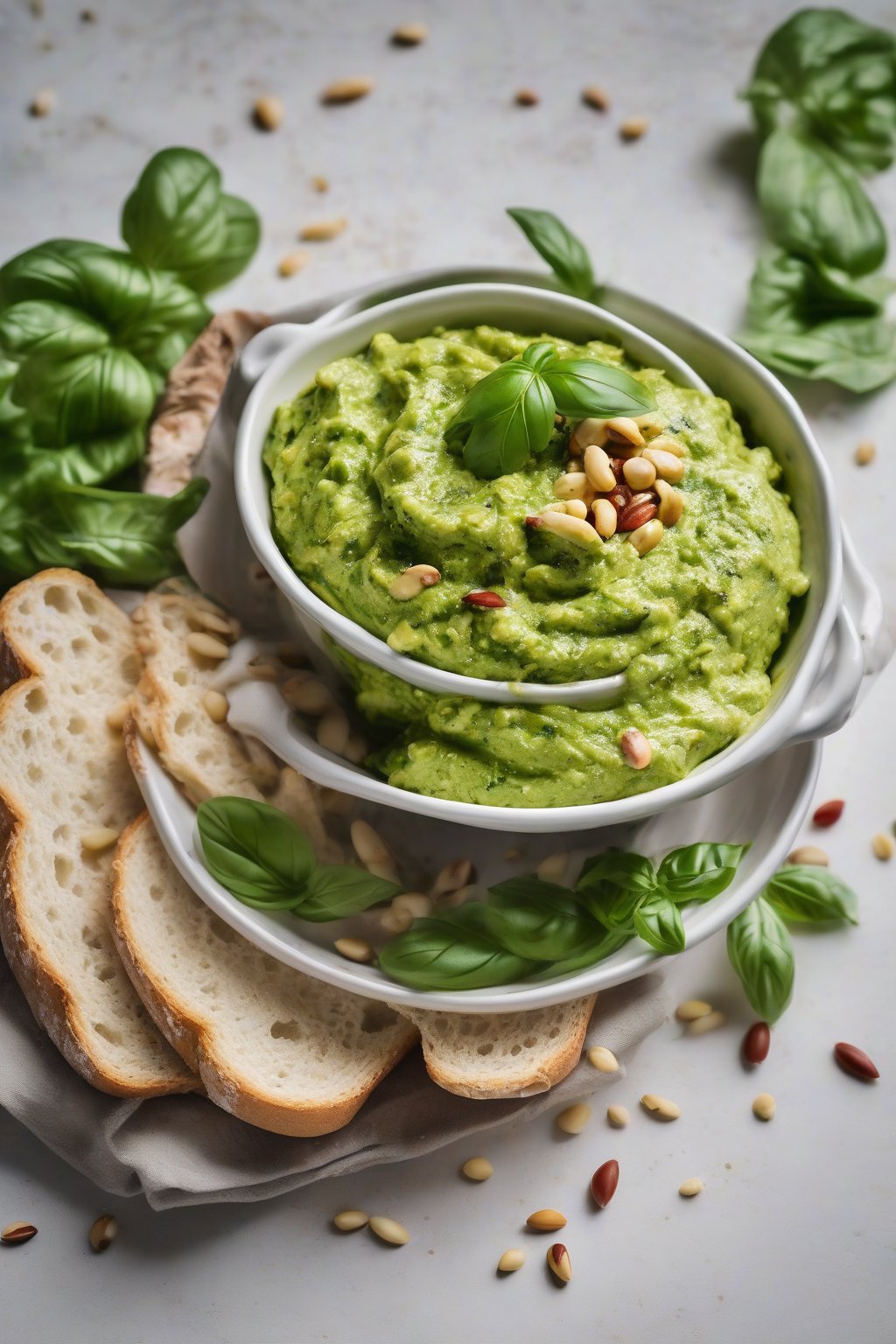A high-resolution photo of basil pesto guacamole with green flecks and pine nuts, in a white bowl with crusty bread, under soft lighting.
