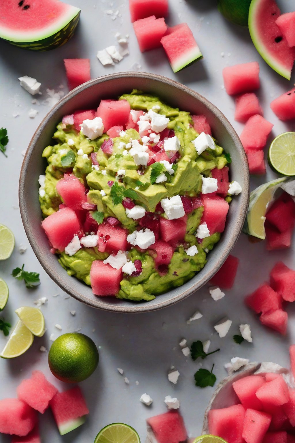 A high-resolution photo of watermelon guacamole with pink fruit chunks and feta, in a chilled bowl with lime zest, under soft lighting.
