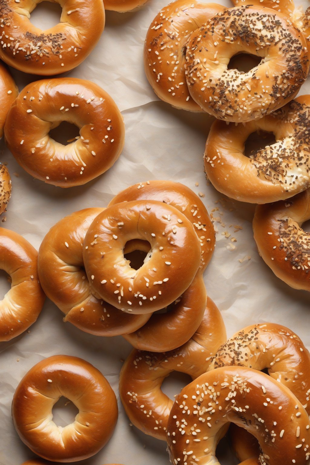 A high-resolution photo of golden, glossy plain New York-style bagels stacked on parchment paper under soft lighting.