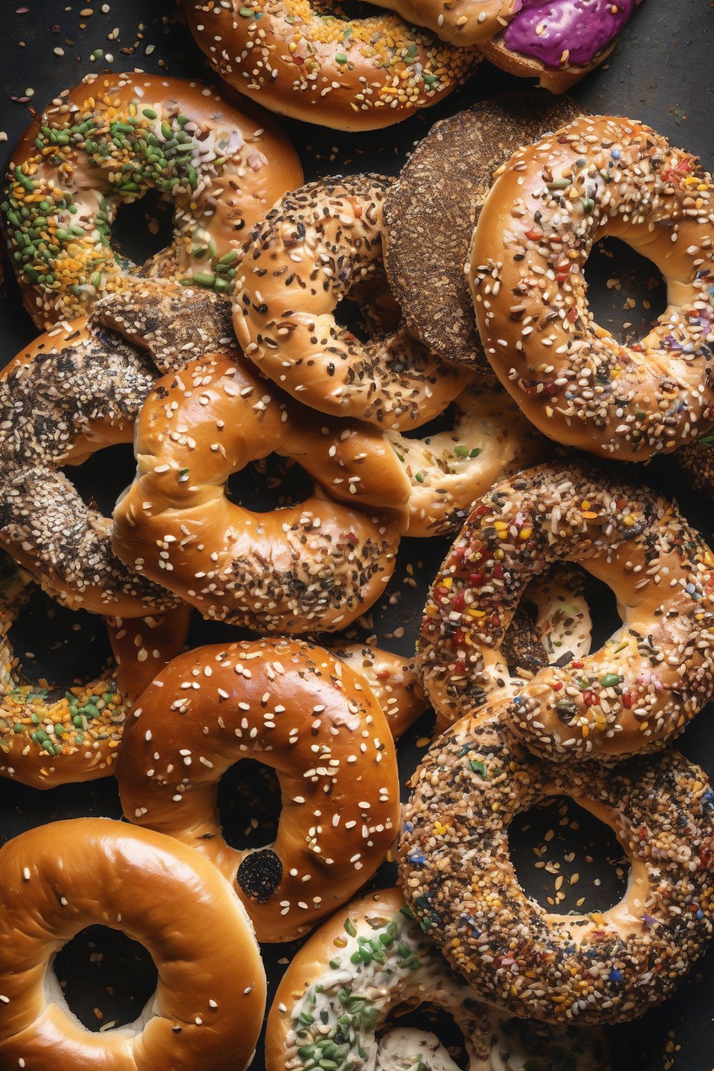 A high-resolution close-up photo of everything bagels with shiny crusts and colorful seeds under soft lighting.
