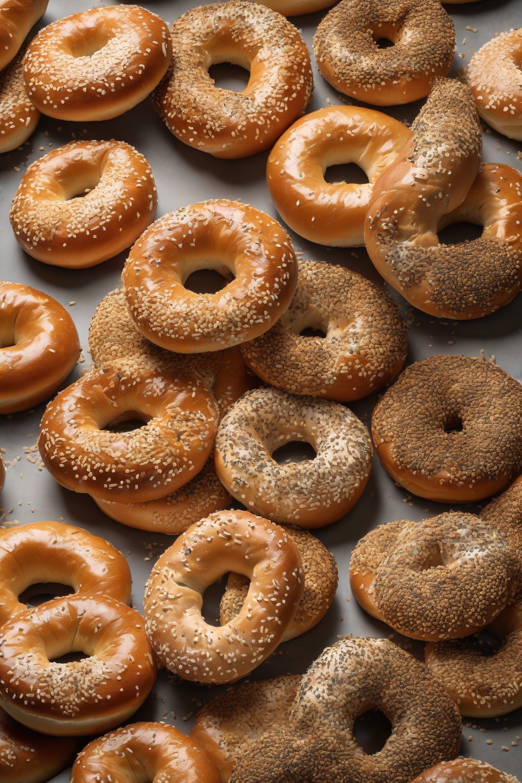 A high-resolution photo of sesame-crusted New York bagels with glossy exteriors under soft lighting.