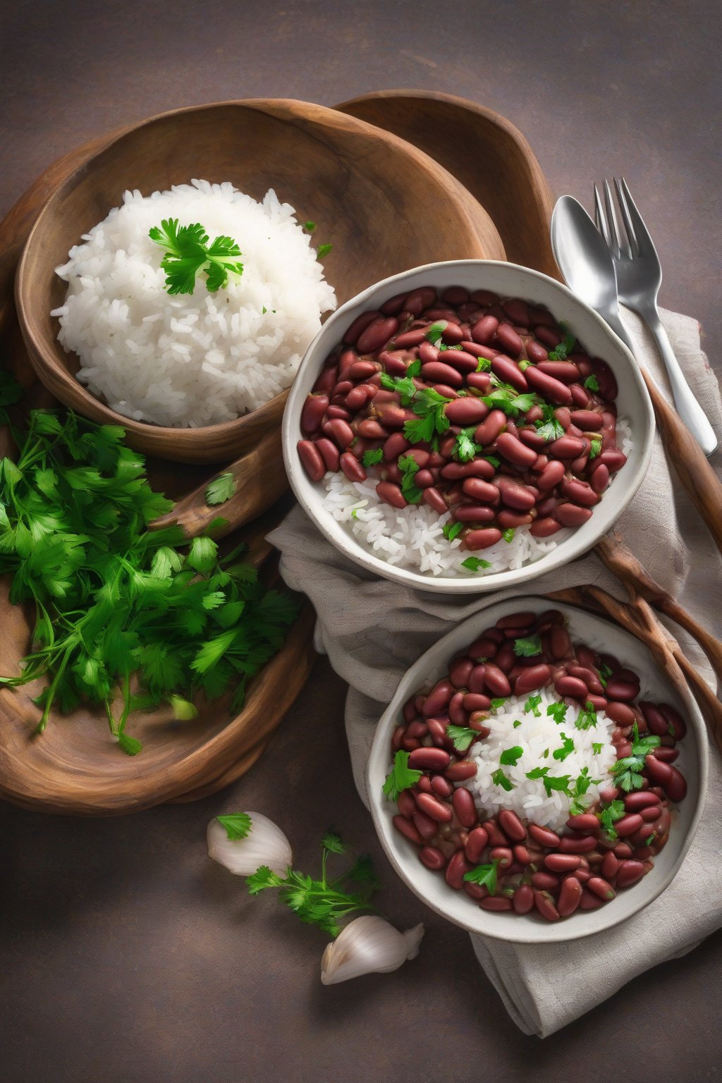 A high-resolution photo of vibrant vegetarian red beans and rice garnished with fresh parsley, alongside steamed rice, under soft lighting.