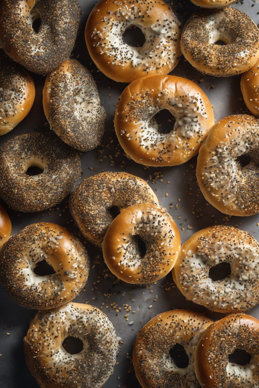A high-resolution close-up photo of poppy seed New York bagels glistening with seeds under soft lighting.