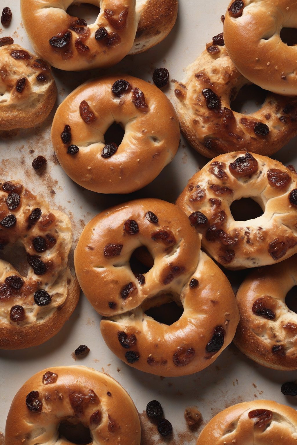 A high-resolution photo of cinnamon raisin bagels with swirling interiors under soft lighting.