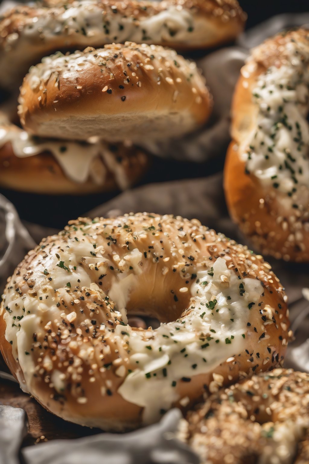 A high-resolution close-up photo of garlic-flecked New York bagels under soft lighting.