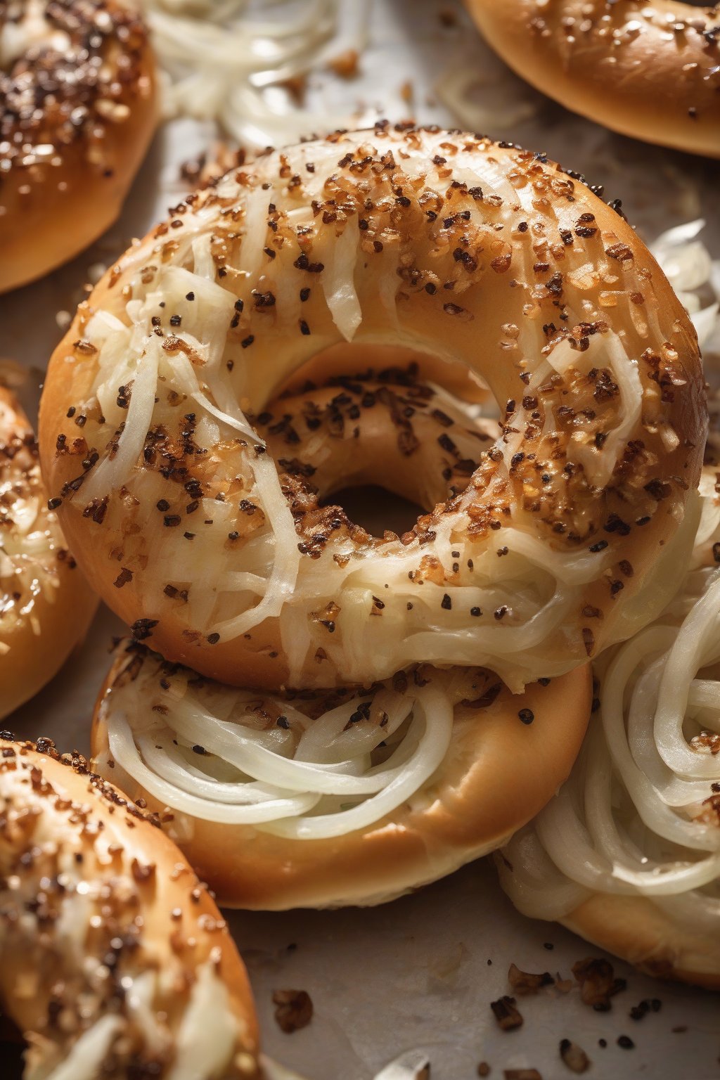 A high-resolution photo of onion-topped bagels with caramelized flecks under soft lighting.