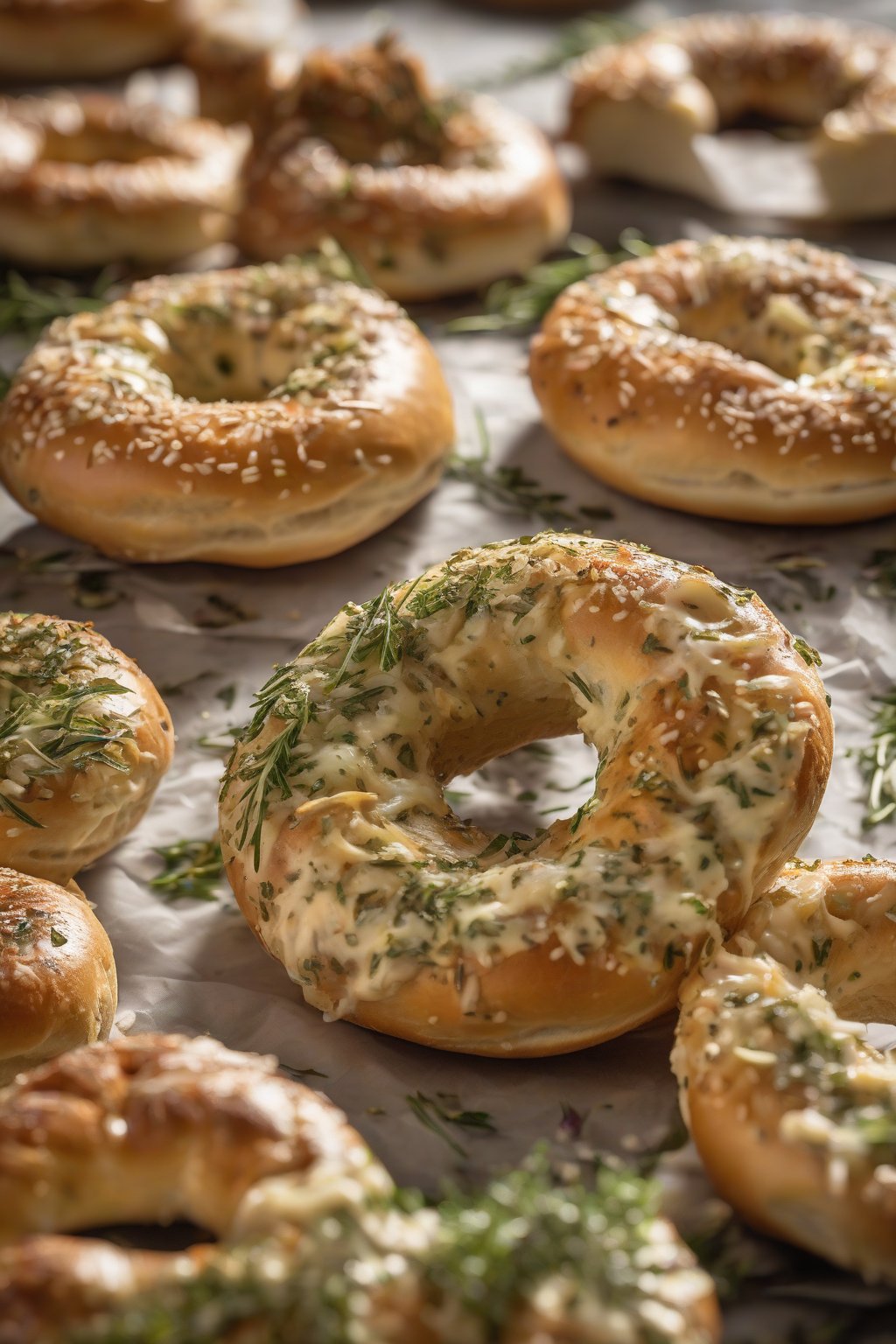 A high-resolution close-up photo of Asiago herb bagels melting slightly under soft lighting.