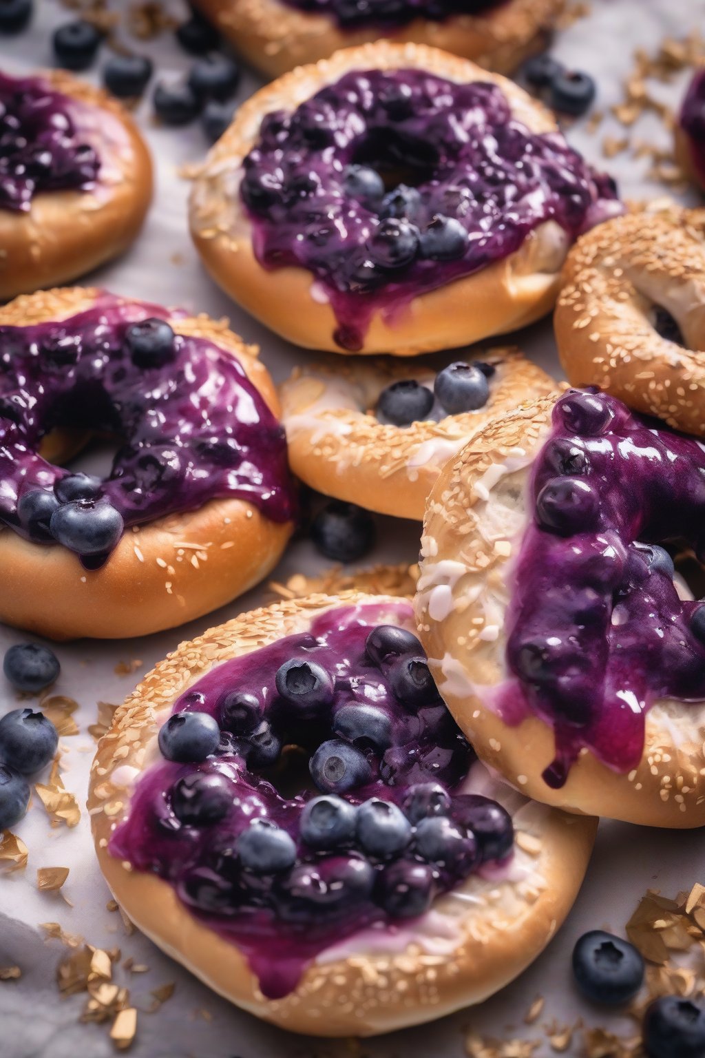 A high-resolution photo of blueberry bagels with purple bursts peeking through under soft lighting.