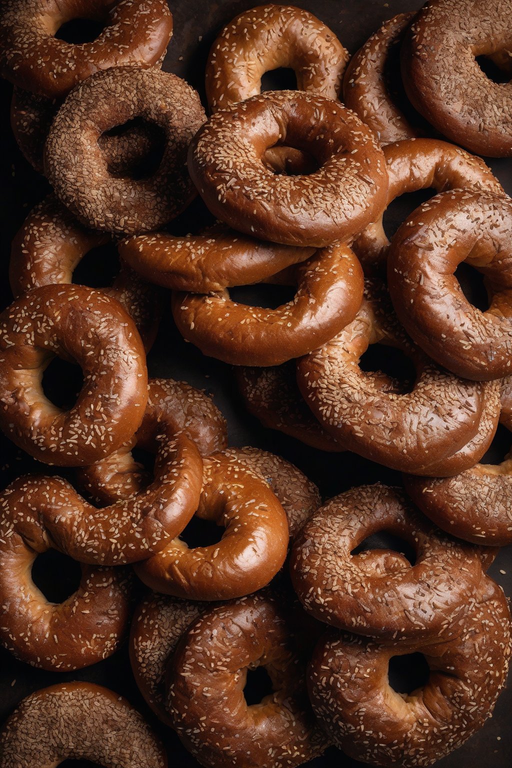 A high-resolution close-up photo of dark pumpernickel bagels under soft lighting.